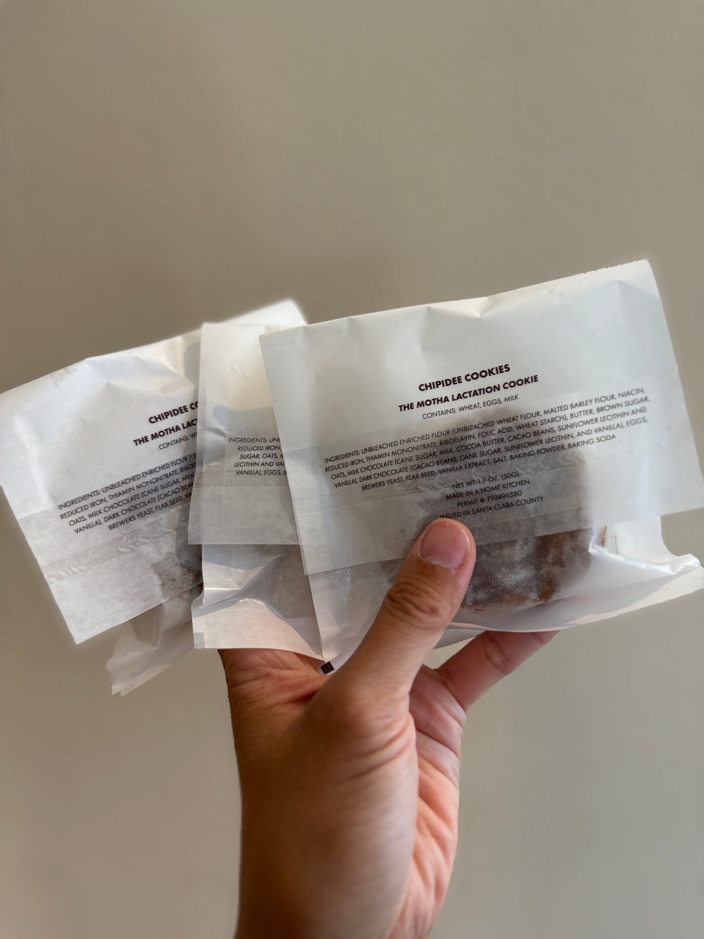 Packaged Motha Lactation Cookies. Containing wheat, eggs, milk. Ingredients include unbleached enriched flour, malted barley flour, niacin, folic acid, real milk, real brewer's yeast, for maximum nutrition.