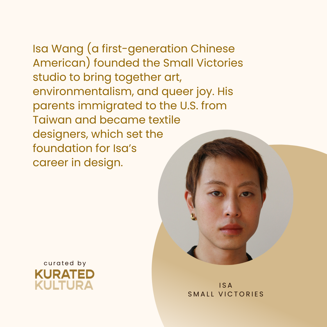 A photo of Isa Wang, first-generation Asian American founder of the Small Victories studio. Isa aims to promote social good and environmentalism.