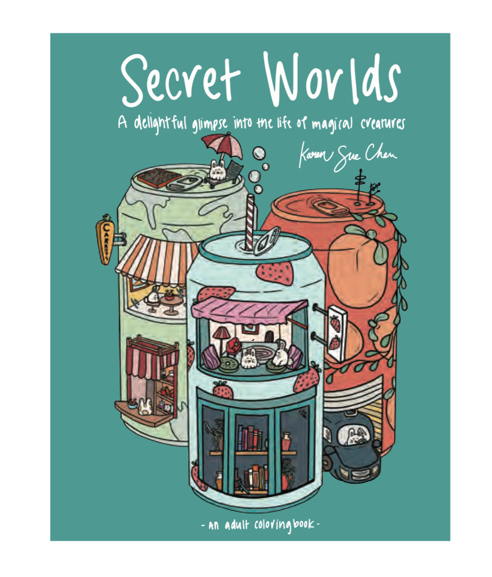 The cover of the Secret Worlds adult coloring book asks you to take âA delightful glimpse into the life of magical creaturesâ who are depicted living in quaint homes inside soda pop cans.