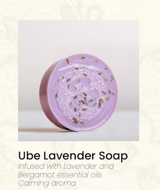 The environmentally friendly and sustainable Ube Lavender soap is “infused with Lavender and Bergamot essential oils” for a calming aroma.