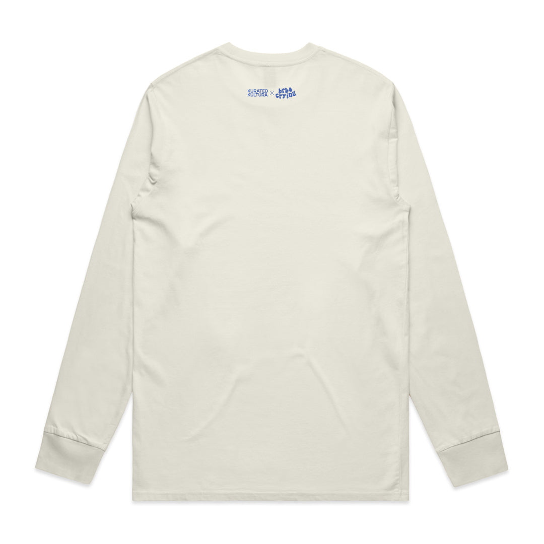 The back of the shirt is plain white except for a small logo at the top saying "Kurated Kultura X brb crying".