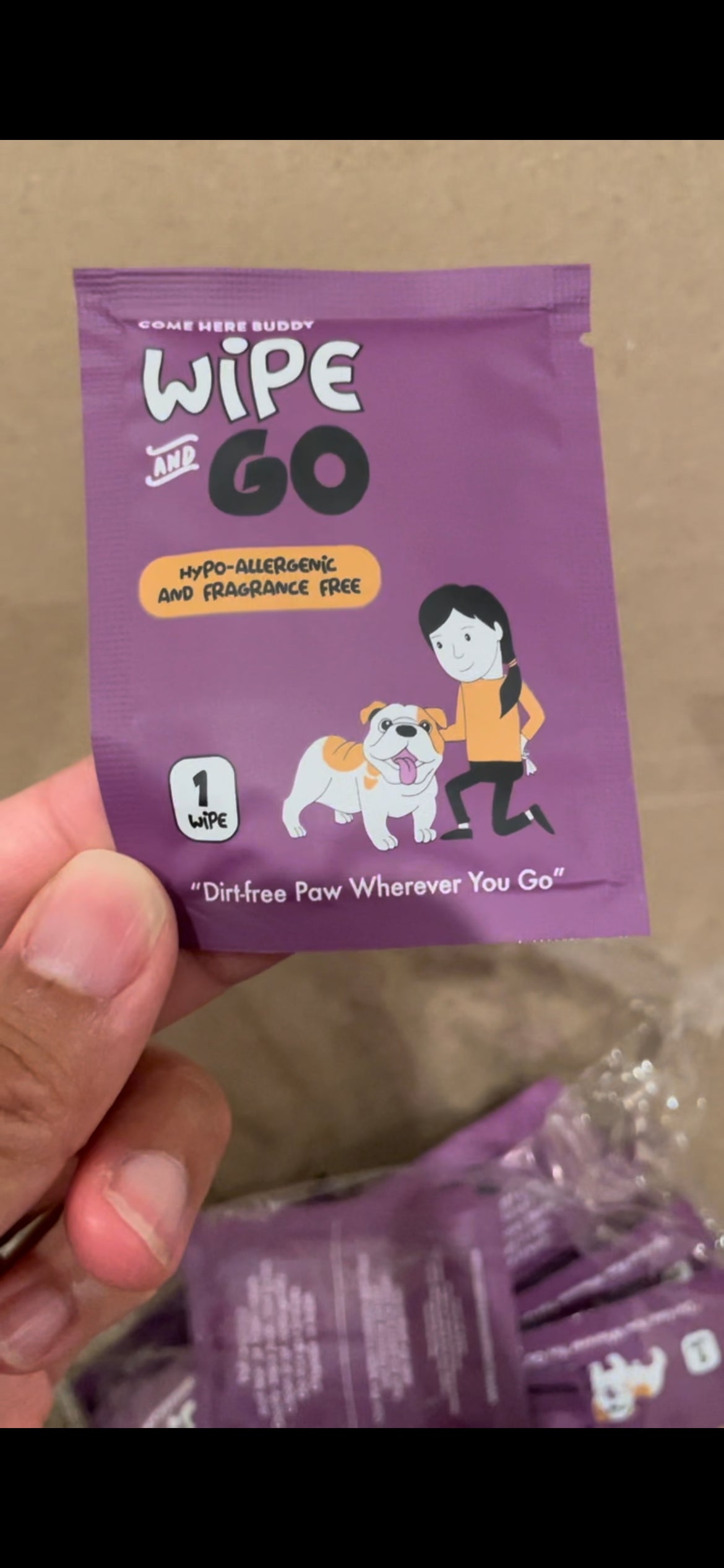 A high-quality close-up of a Wipe and Go packet. These dog wipes are designed to be 100% safe with the same cleaning power.
