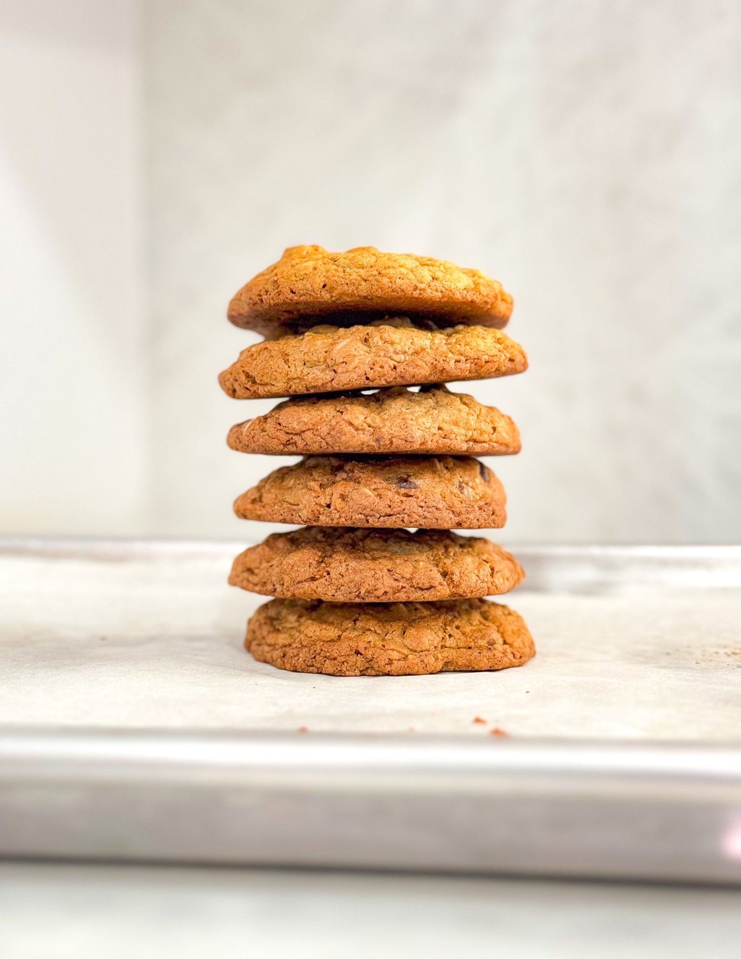 Sweet stack of chocolate chip cookies.