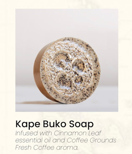 The environmentally responsible Kape Buko soap is “infused with Cinnamon Leaf essential oil and Coffee Grounds Fresh Coffee aroma.”