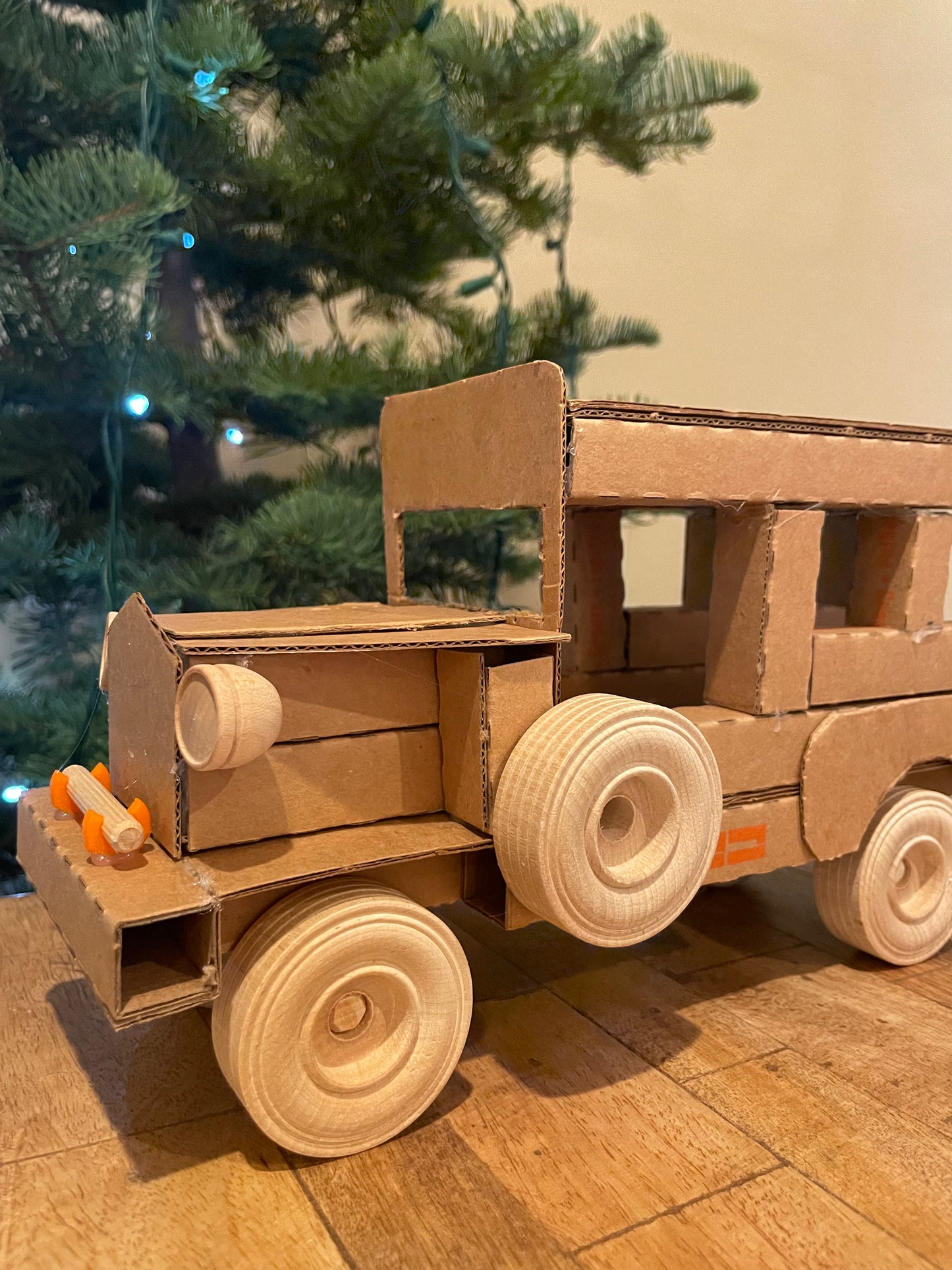 The completed sustainably made bus with functional axles.
