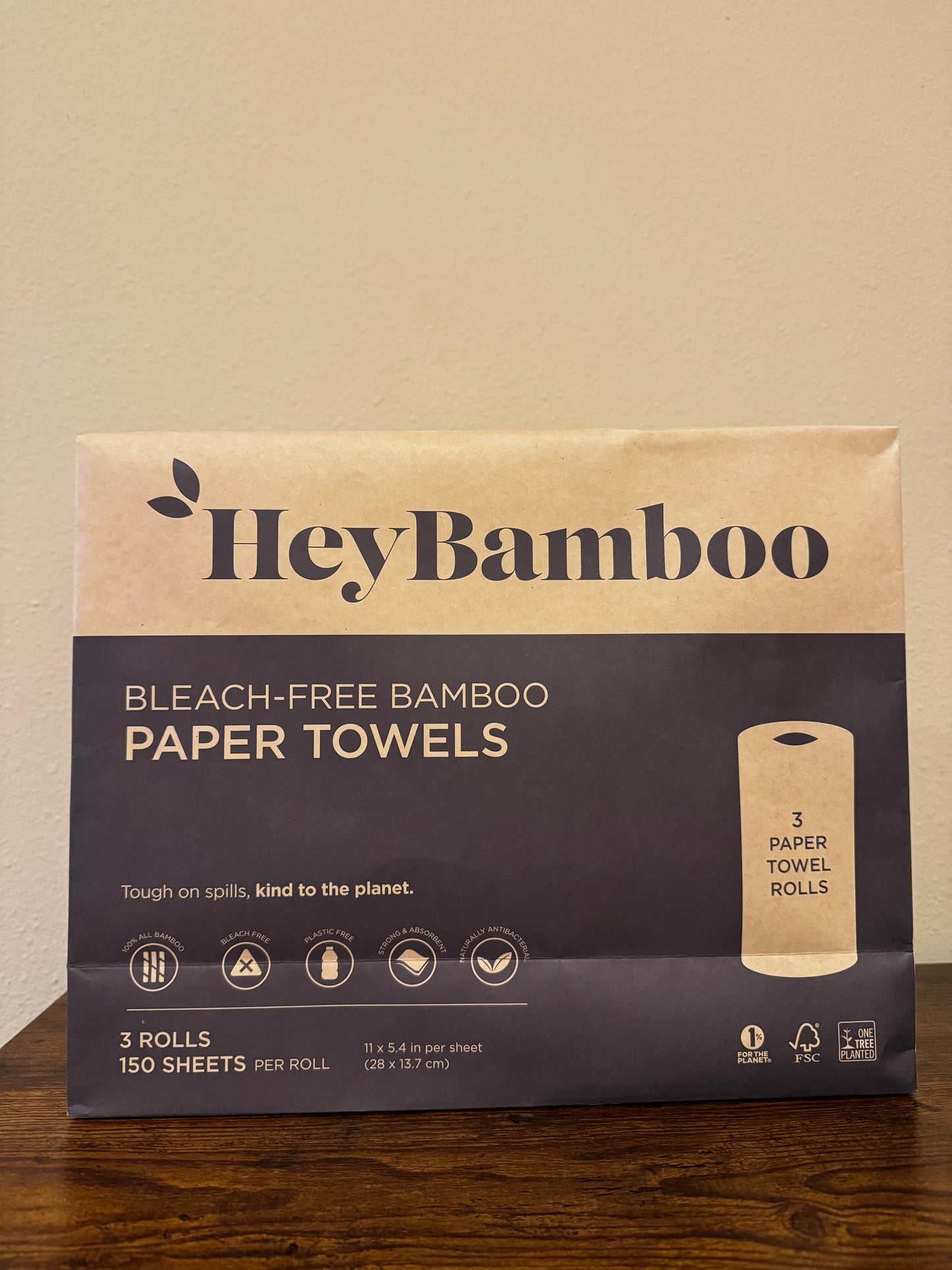 Bleach-free bamboo paper toils. FRC certified sustainable, one tree planted, 1% for the planet. Tough on spills, kind to the planet. 100% bamboo and naturally antibacterial. 150 sheets per roll, 11 x 5.4 in per sheet.
