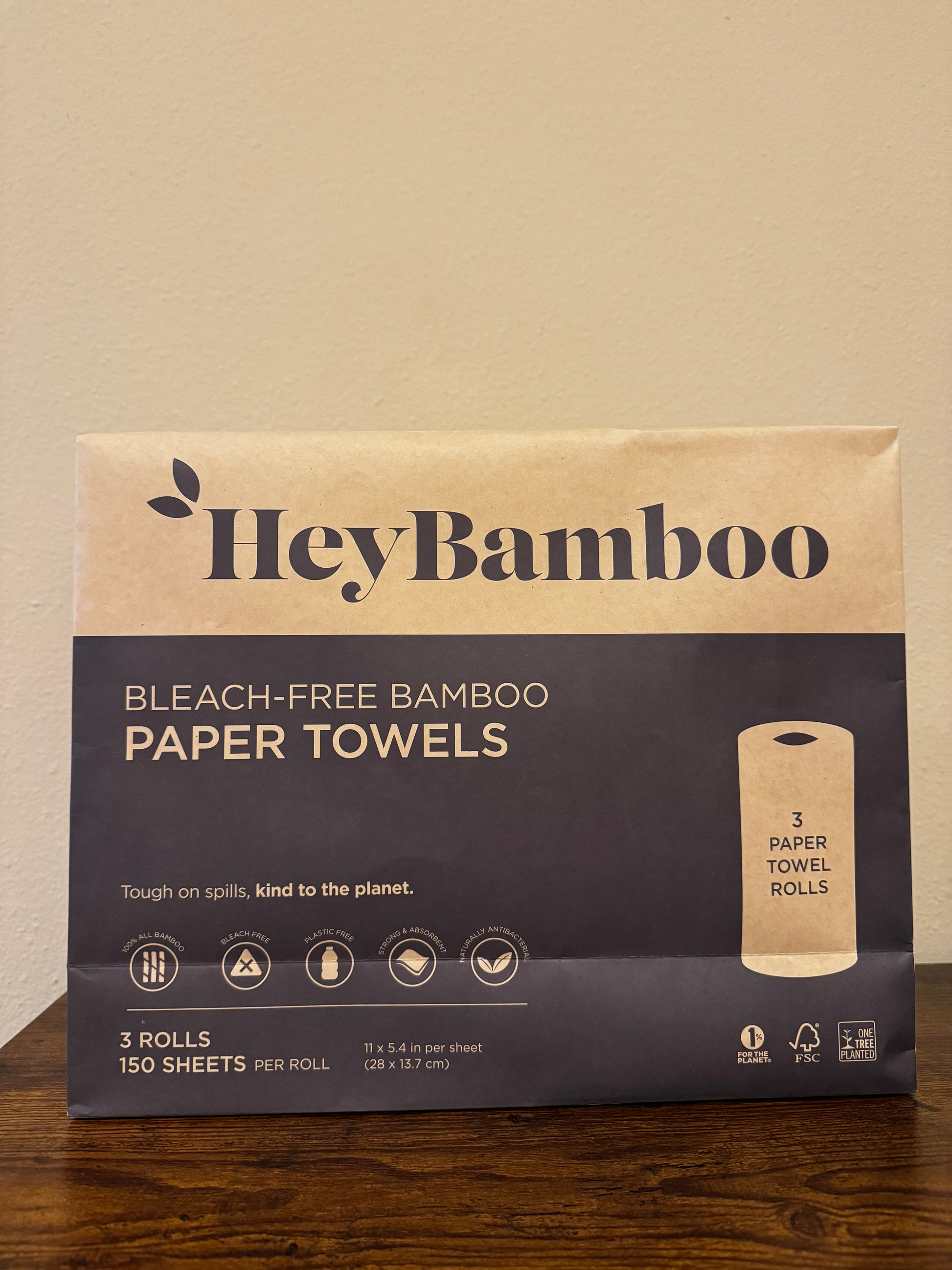 Bleach-free bamboo paper toils. FRC certified sustainable, one tree planted, 1% for the planet. Tough on spills, kind to the planet. 100% bamboo and naturally antibacterial. 150 sheets per roll, 11 x 5.4 in per sheet.