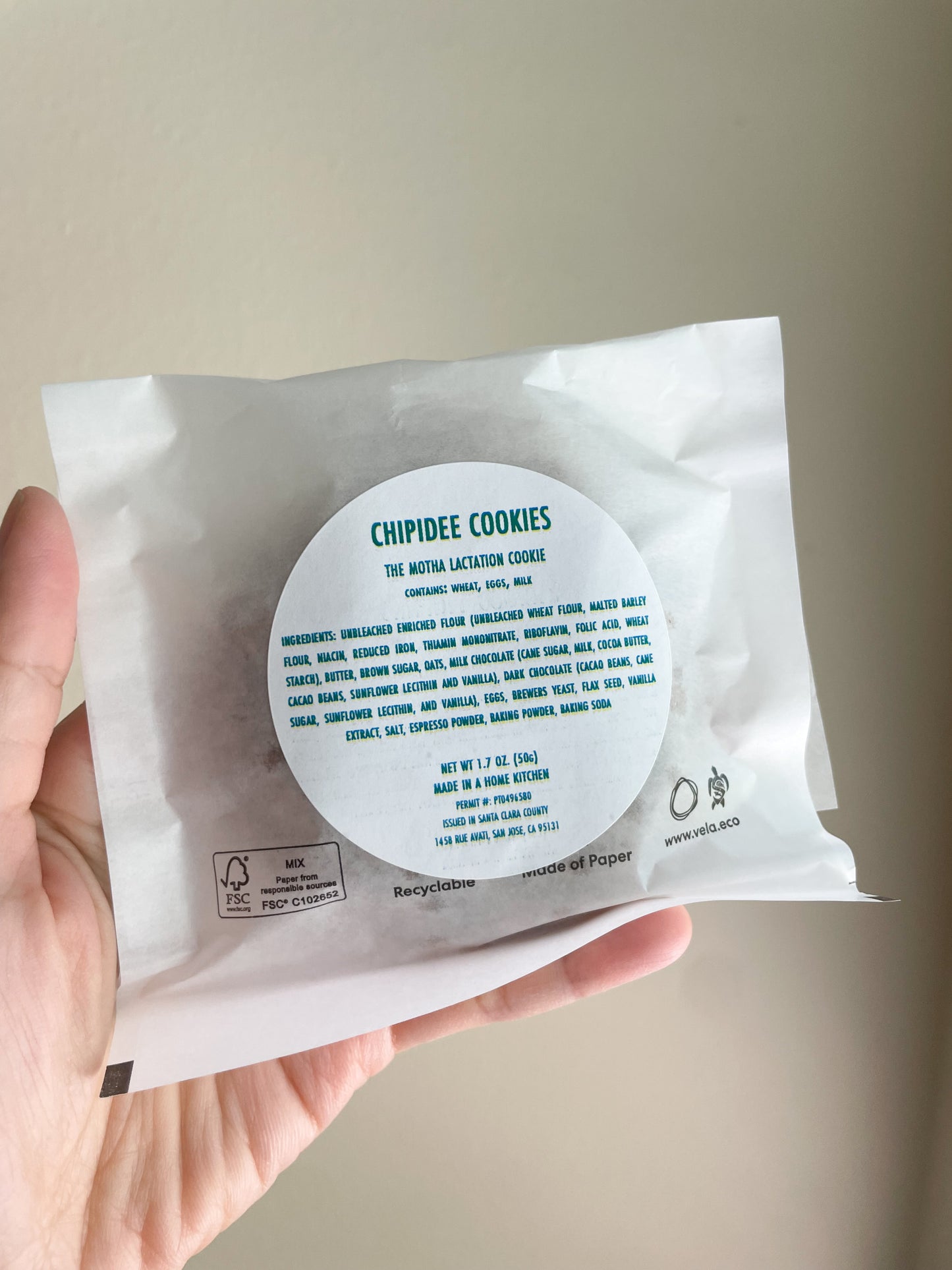 FSC-certified recyclable packaging for the Motha Lactation Cookie. Made in a home kitchen in San Jose, Santa Clara County.