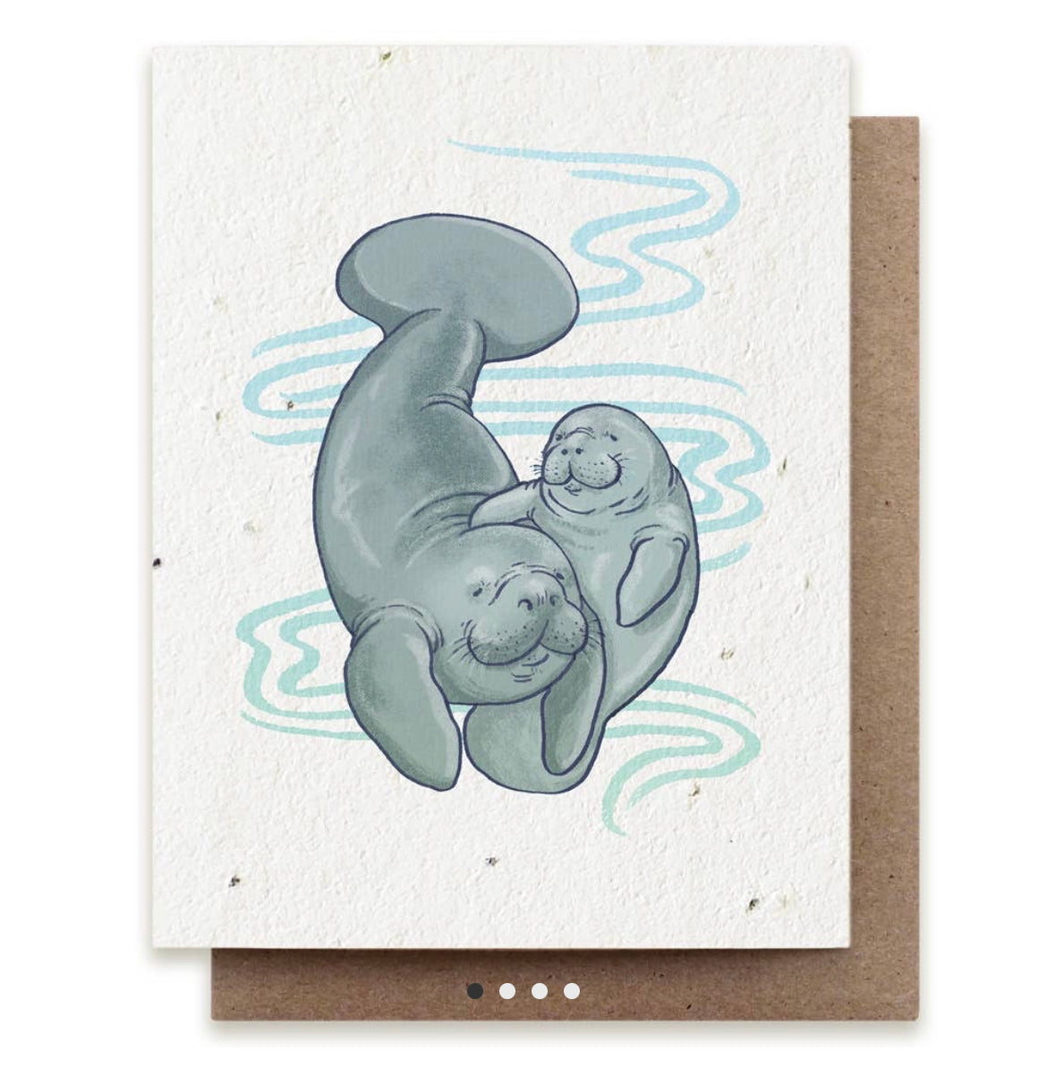 A parent and child manatee over oceanic waves on the cover of an eco-friendly seed card.