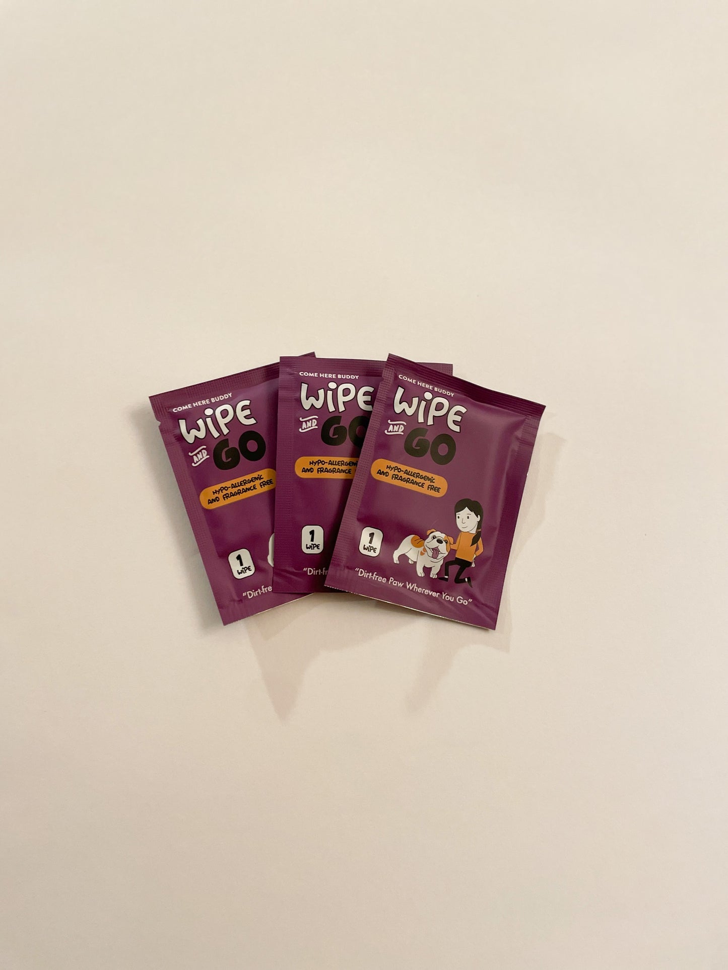 3 Wipe and Go dog wipe packets. Label reads "Hypo-Allergenic and Fragrance Free. 'Dirt-free Paw Wherever You Go.'"