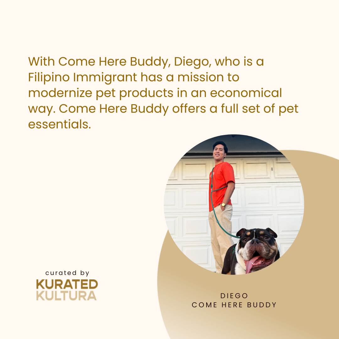 A photo of Asian American owner of Come Here Buddy, Diego, and his dog.