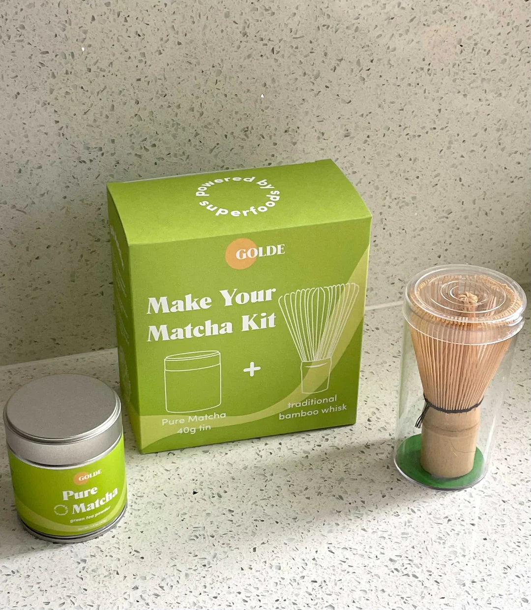 A photo of the box packaging containing the delicious matcha kit.