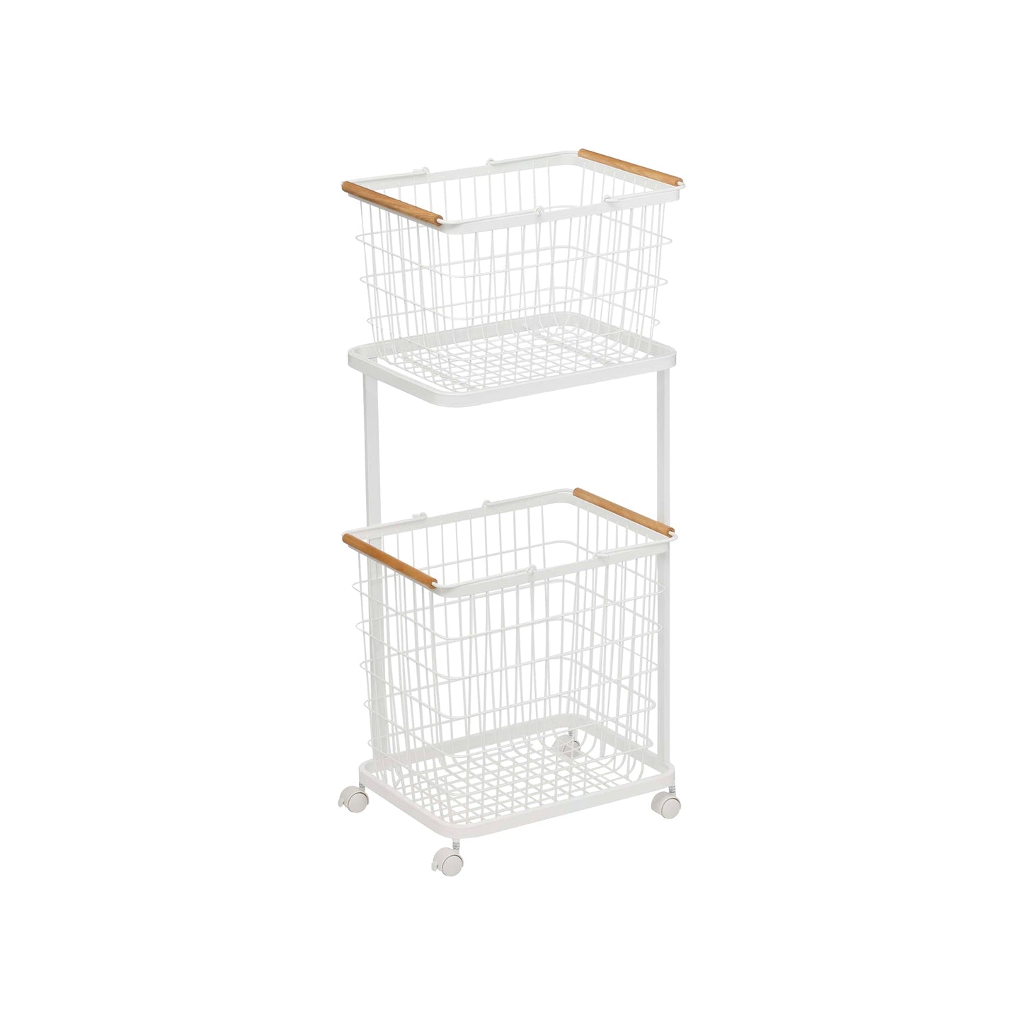 Rolling Laundry Cart + Wire Baskets (38" H) - Steel + Wood