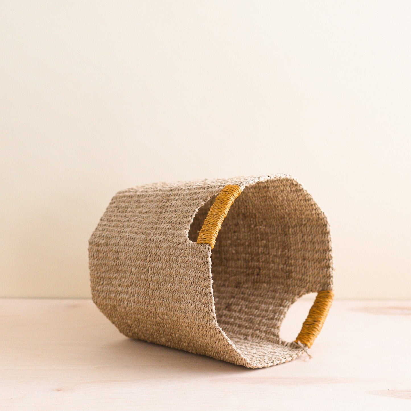 Natural Octagon Basket with Mustard Handle - Handwoven Bin | LIKHÂ