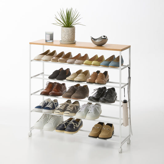 Rolling Five-Tier Shoe Rack (" H)  - Steel + Wood