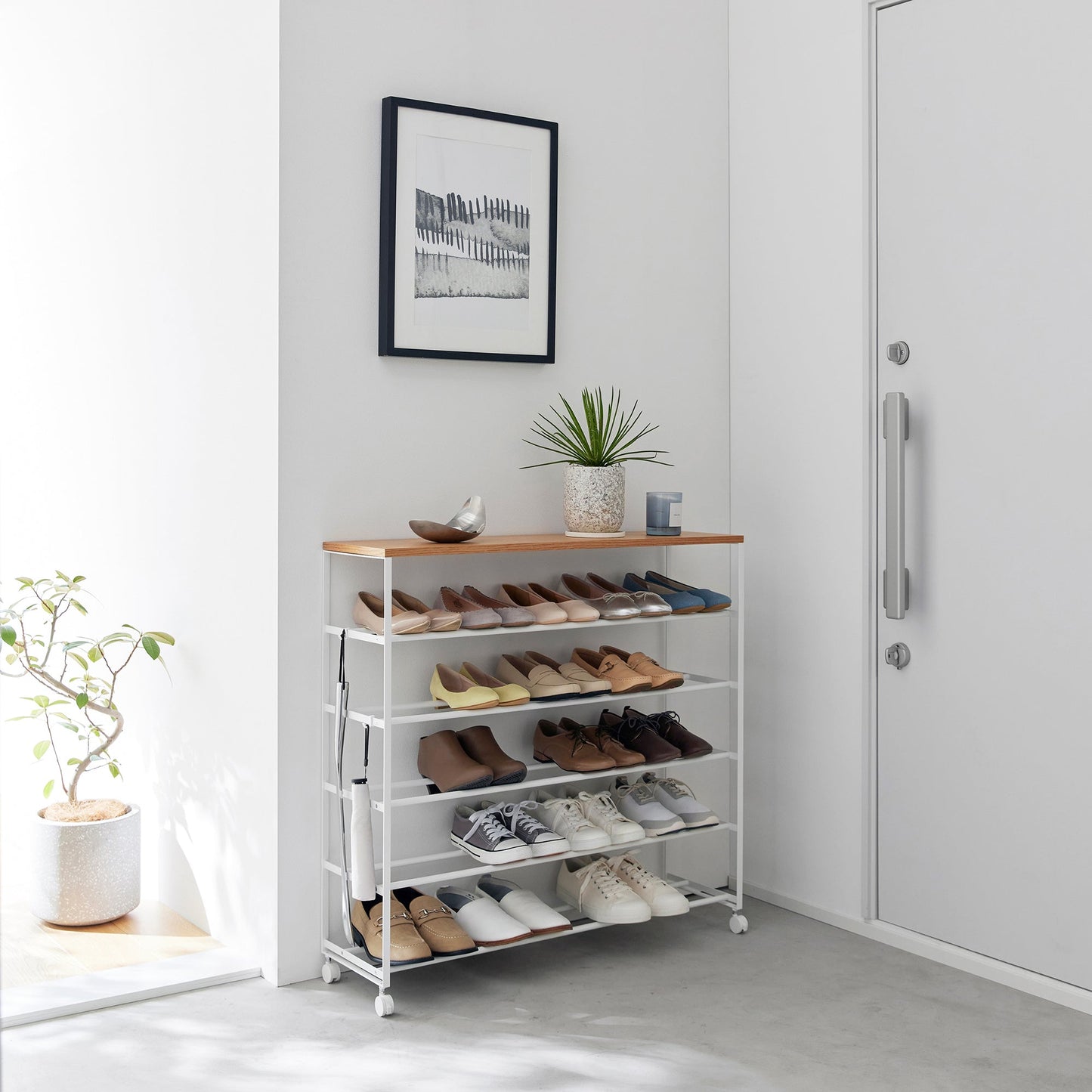 Rolling Five-Tier Shoe Rack (" H)  - Steel + Wood