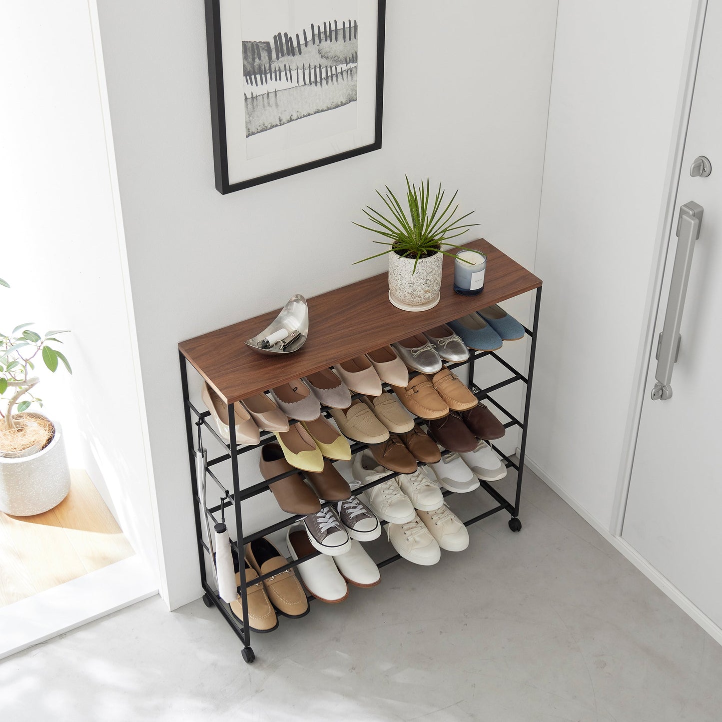 Rolling Five-Tier Shoe Rack (" H)  - Steel + Wood