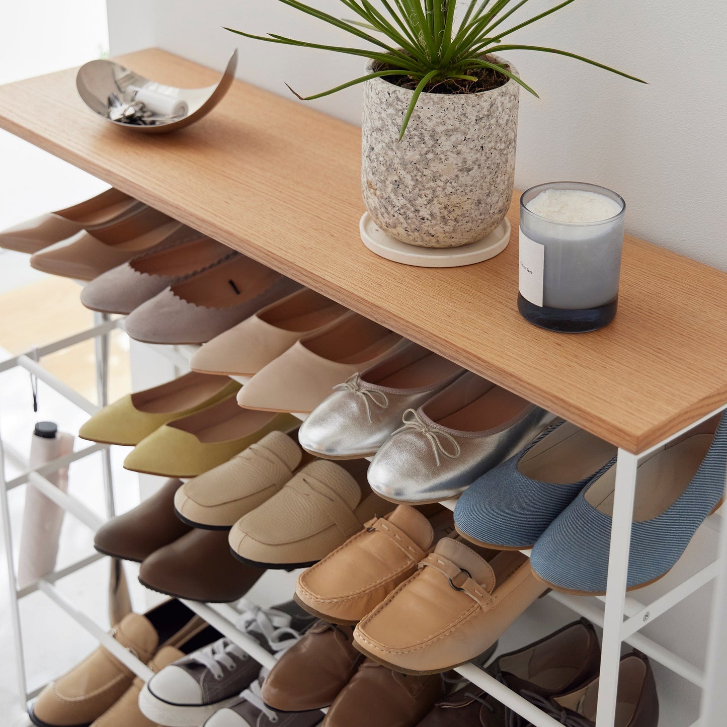 Rolling Five-Tier Shoe Rack (" H)  - Steel + Wood