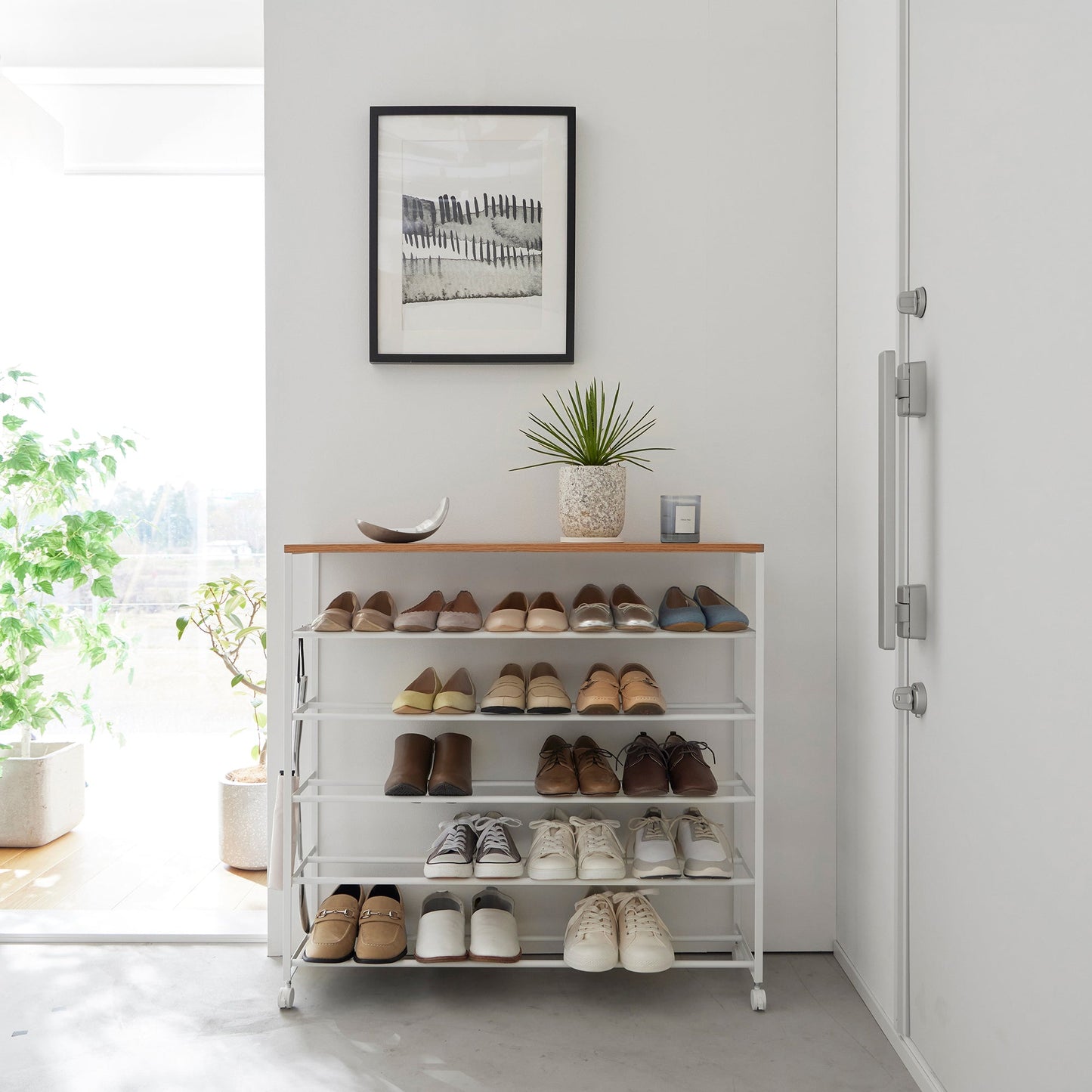 Rolling Five-Tier Shoe Rack (" H)  - Steel + Wood