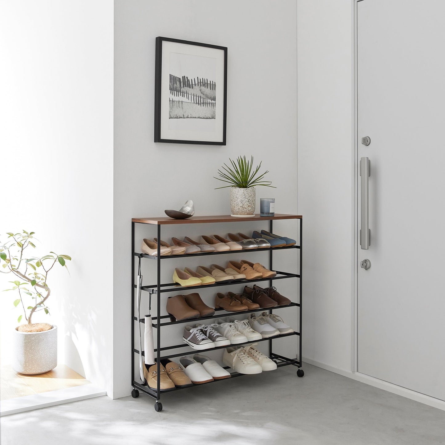 Rolling Five-Tier Shoe Rack (" H)  - Steel + Wood