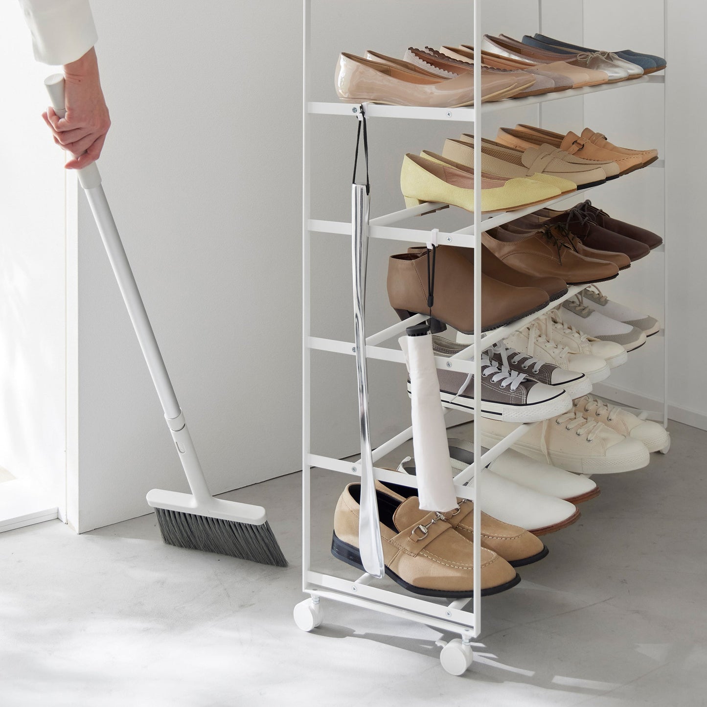 Rolling Five-Tier Shoe Rack (" H)  - Steel + Wood