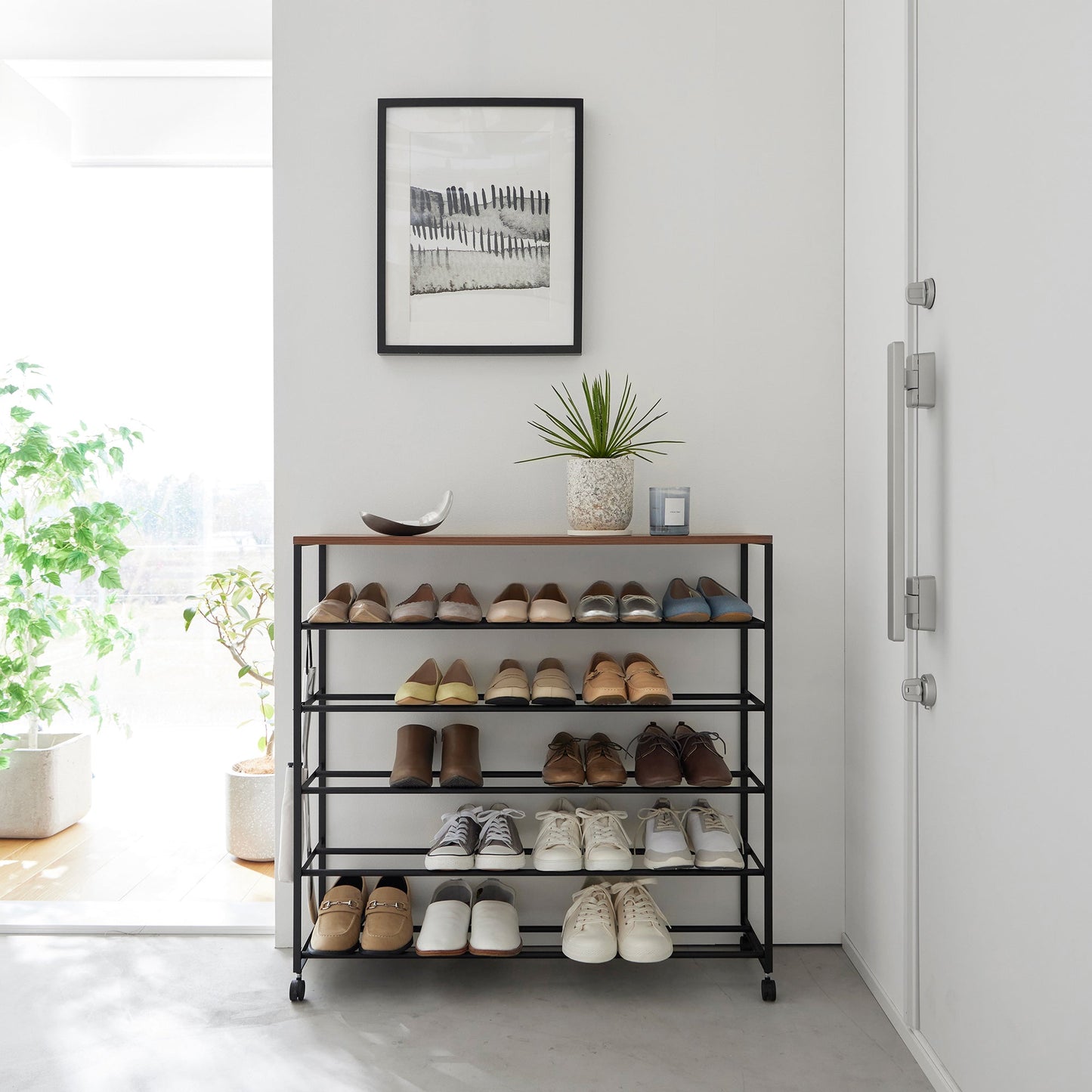 Rolling Five-Tier Shoe Rack (" H)  - Steel + Wood