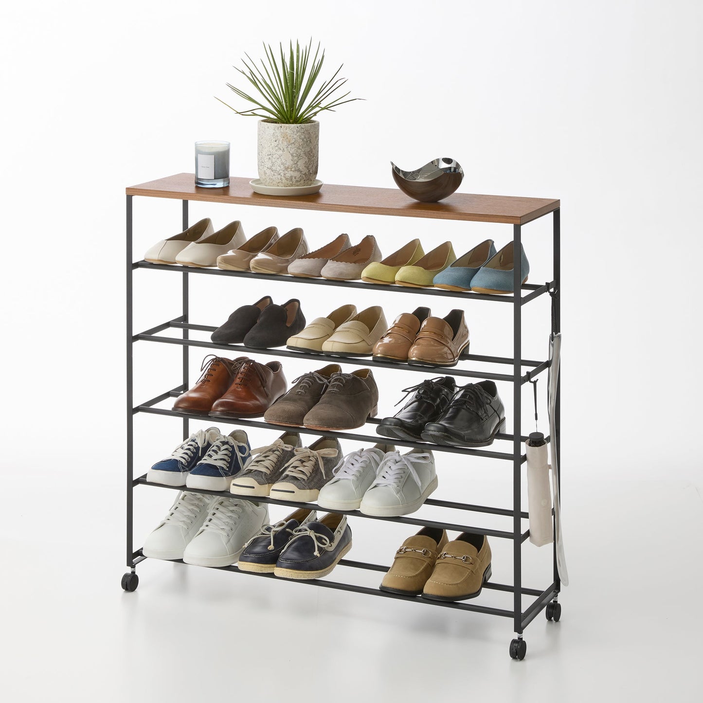 Rolling Five-Tier Shoe Rack (" H)  - Steel + Wood
