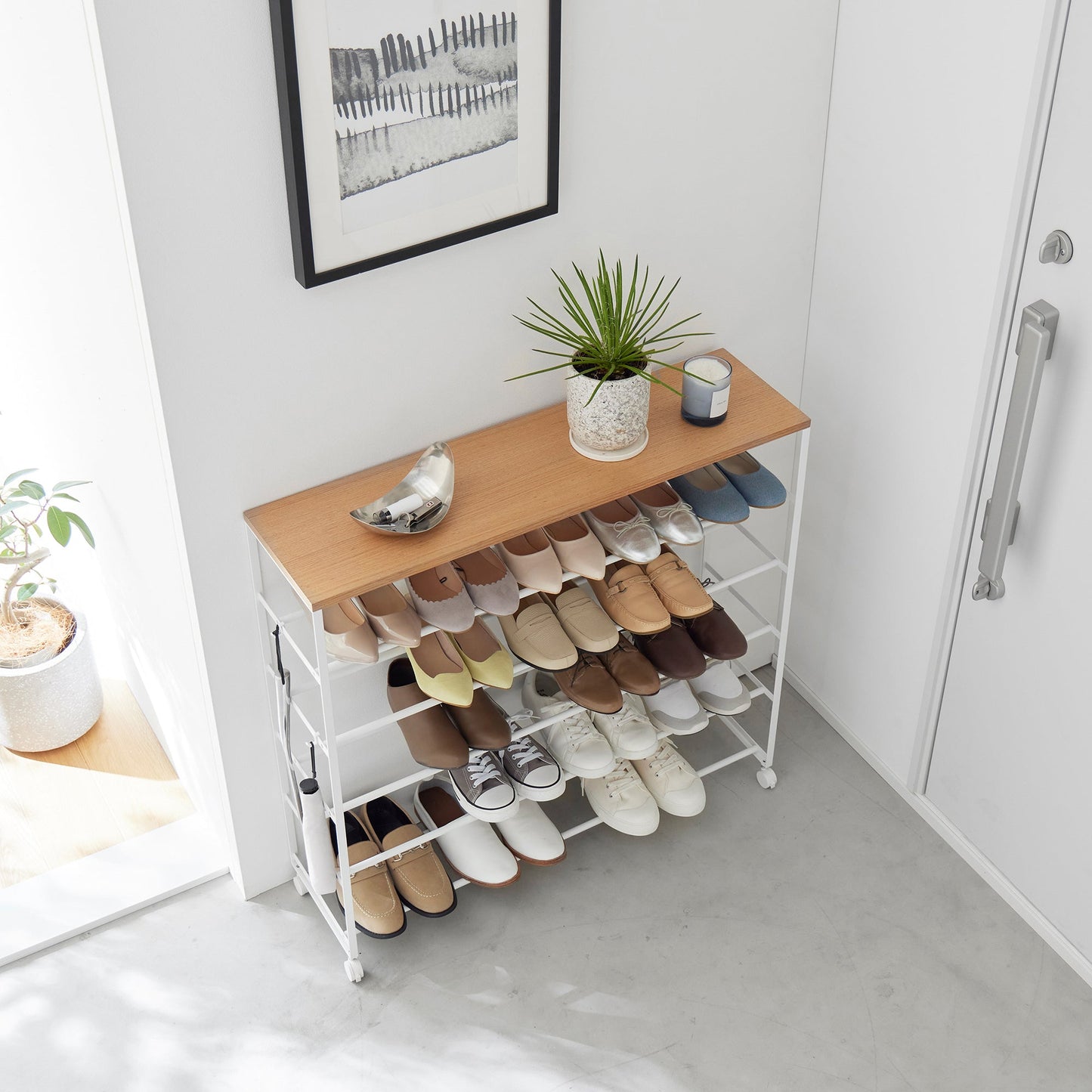 Rolling Five-Tier Shoe Rack (" H)  - Steel + Wood